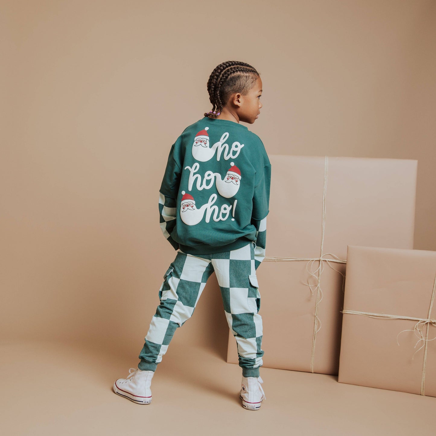 Ho Ho Ho Green Check Kids Crewneck