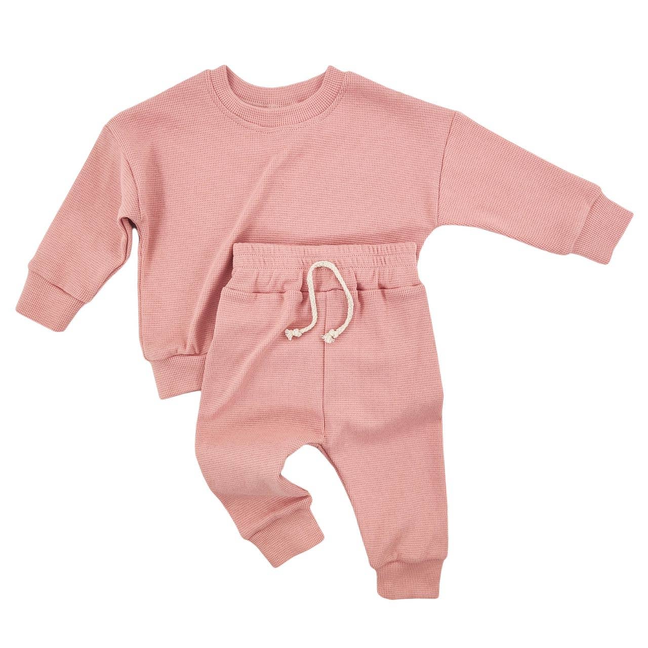 Rosy Pink Waffle Crewneck Set