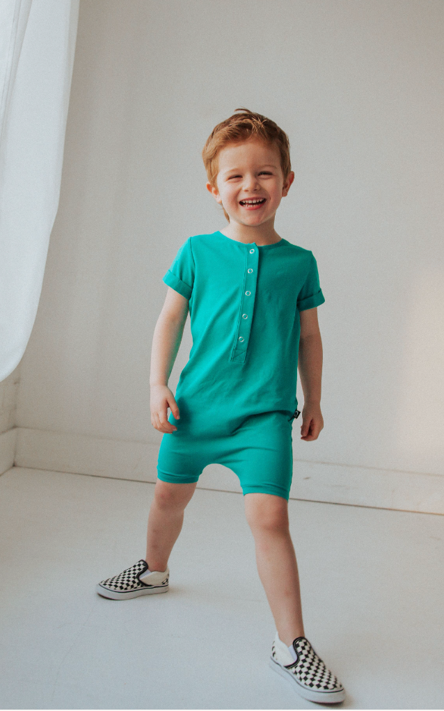 Rags Essentials Short Rolled Sleeve Henley Rag Romper (Multiple Colors)
